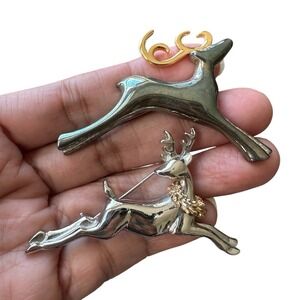 Vintage Qty‎ 2  Brooches Pins Carolee Horned Reindeer Silver Gold Tone Metal MCM